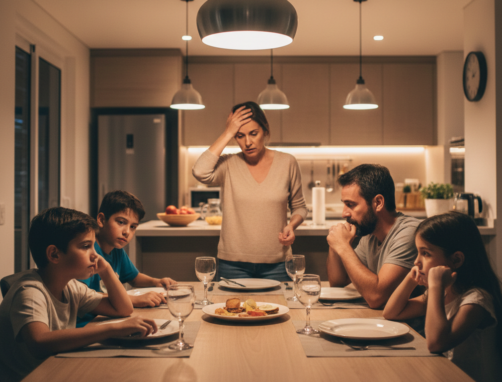 Familia esperando comida en la mesa