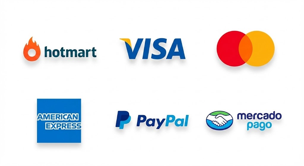 Métodos de pago seguros: Hotmart, Visa, Mastercard, American Express, PayPal, Mercado Pago